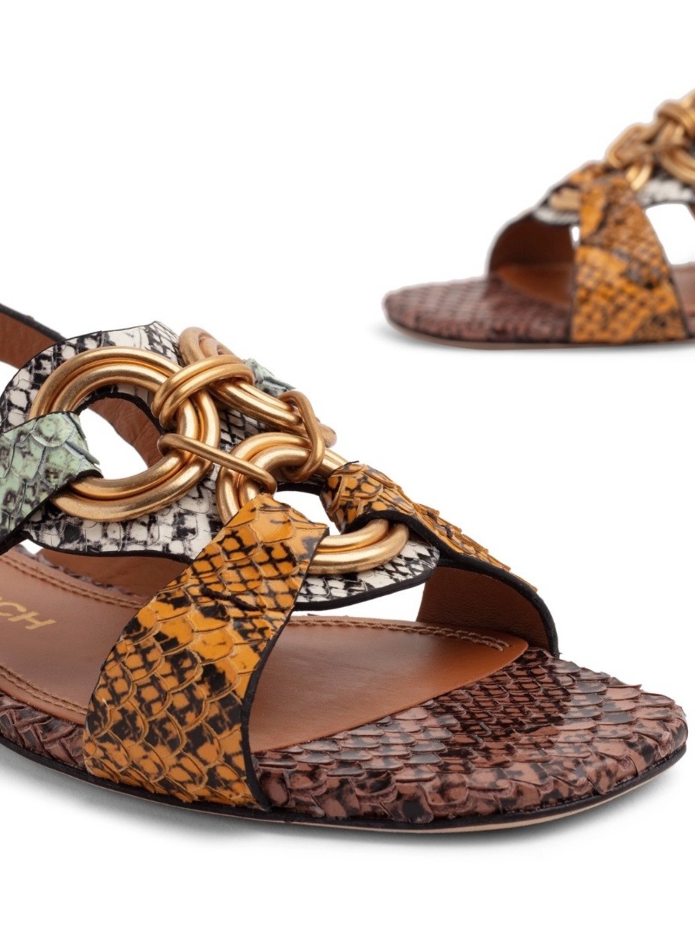 Tory Burch Multicolor Snakeskin Slide Sandals with Gold Chain Detail